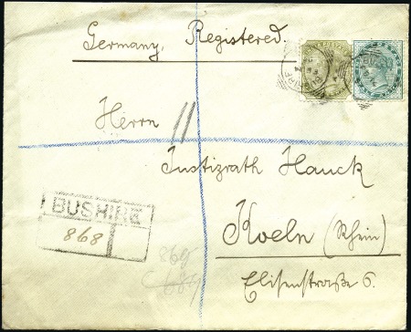 Stamp of India » Used Abroad BUSHIRE: 1899 (Feb 14) Envelope sent registered fr