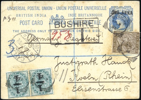 Stamp of India » Used Abroad BUSHIRE: 1899 (Apr 9) 1a on 1 1/2a Postal statione