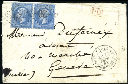 Stamp of France 1862 20c bleu en paire avec LOSANGE 20 de PARIS su