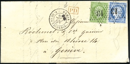 Stamp of France 1872 Cérès 25c bleu + Empire dent. 5c vert obl. ét