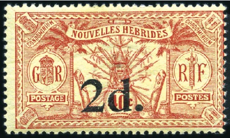 Stamp of New Hebrides 1920 Overprinted 1911 issue, 2d on 40c red on yell