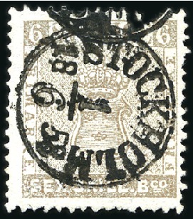 Stamp of Sweden » 1855 Skilling Banco 6sk Grey, complete STOCKHOLM / 1.6.1858 cds, creas