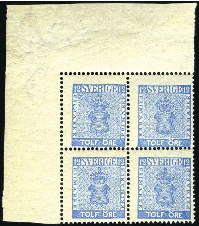 Stamp of Sweden » 1858-72 Coat of Arms Issue 12ö Blue, top left mint corner marginal block of f