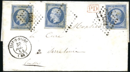Stamp of France 1854 Lettre pour la Sarre avec 20c bleu x3 de Issy