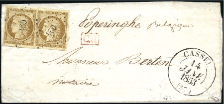 Stamp of France 1849 Cérès 10c bistre-jaune, deux exemplaires, obl