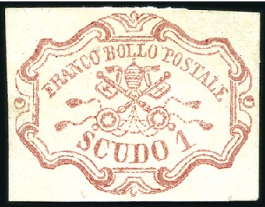 Stamp of Italian States » Papal States 1852 1 scudo rose, unused, very fine, signed A.Bru