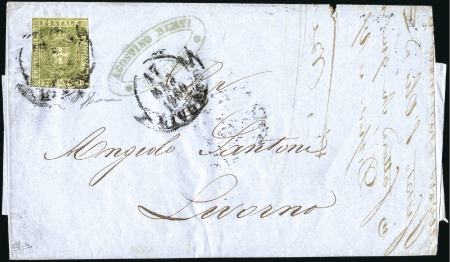 Stamp of Italian States » Tuscany 1860 5c verde oliva, cut into, tied by Livorno 17.