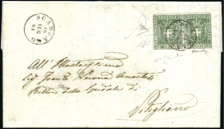 Stamp of Italian States » Tuscany 1860 5c green in pair, close to large margins, tie
