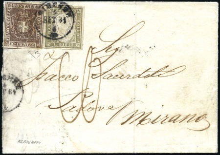Stamp of Italian States » Tuscany 1860 10c brown in combination with SARDINIA 10c ol
