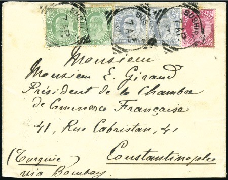 Stamp of India » Used Abroad BUSHIRE: 1907 (Apr 7) Envelope from Bushire to Con