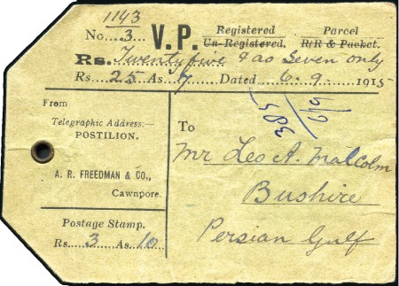 Stamp of India » Used Abroad BUSHIRE: 1915 (Sep 6) Incoming parcel label tag to