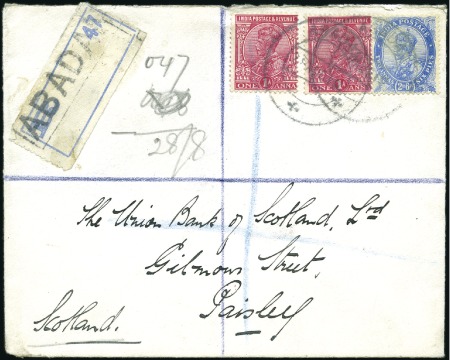Stamp of India » Used Abroad ABADAN: 1919 (Aug 28) Envelope sent registered fro