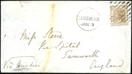 Stamp of India » Used Abroad ZANZIBAR: 1879 (Jan 9) Envelope from Zanzibar to E