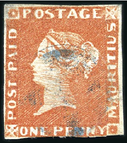 Stamp of Mauritius 1848 Post Paid 1d Earliest Impression with blue "1