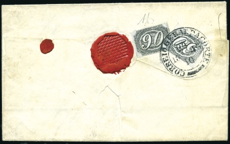 Stamp of Brazil 1844-46 90r & 30r black "Inclinados" tied by very