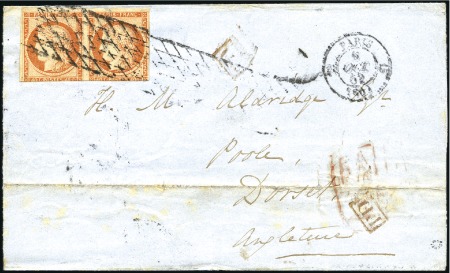 Stamp of France 1849 40c orange "4 retouchés" en paire tenant à no