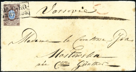 Stamp of Russia » Russia Imperial 1857-58 First Issues Arms 10k brown & blue (St. 1) WILNO (Lithuania): 1858 (Apr 2) Envelope to Warsaw