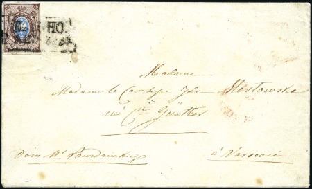 Stamp of Russia » Russia Imperial 1857-58 First Issues Arms 10k brown & blue (St. 1) WILNO: 1858 (Apr 22) Envelope to Warsaw with 10k b