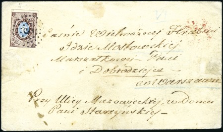 Stamp of Russia » Russia Imperial 1857-58 First Issues Arms 10k brown & blue (St. 1) WILNO: 1858 (Jul 23) Envelope to Warsaw with 10k b