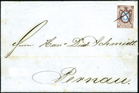 Stamp of Russia » Russia Imperial 1857-58 First Issues Arms 10k brown & blue (St. 1) RIGA (Latvia): 1858 (Feb 7) Wrapper to Pernau with