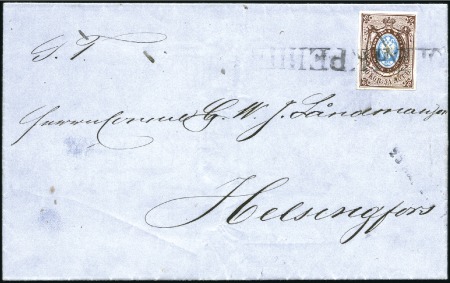 Stamp of Russia » Russia Imperial 1857-58 First Issues Arms 10k brown & blue (St. 1) GOHENKREUTZ: 1858 (Apr) Wrapper to Helsingfors wit