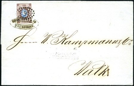 Stamp of Russia » Russia Imperial 1857-58 First Issues Arms 10k brown & blue (St. 1) TAUROGEN: 1858 (Jun 19) Wrapper to Walk with 10k b