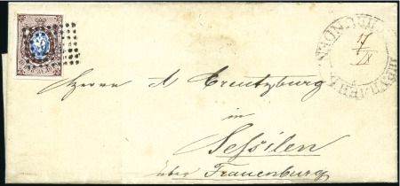 Stamp of Russia » Russia Imperial 1857-58 First Issues Arms 10k brown & blue (St. 1) SCHRUNDEN: Wrapper to Sessilen with 10k brown & bl