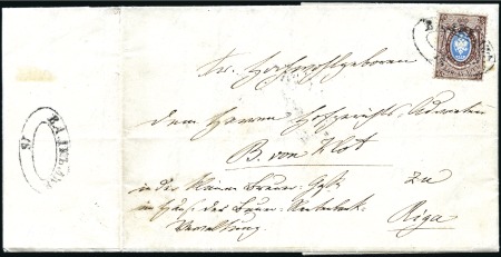 Stamp of Russia » Russia Imperial 1857-58 First Issue Arms perf. 14 3/4 : 15  (St. 2-4) 1858 (Jun 4) Entire to Riga with 10k brown & blue 