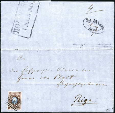 Stamp of Russia » Russia Imperial 1857-58 First Issue Arms perf. 14 3/4 : 15 (St. 2-4) 1859 (Apr 30) Entire to Riga with 10k brown & blue