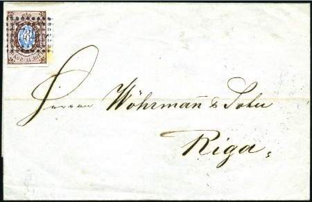 Stamp of Russia » Russia Imperial 1857-58 First Issues Arms 10k brown & blue (St. 1) WEISSENSTEIN: 1858 (Aug 8) Wrapper to Riga with 10