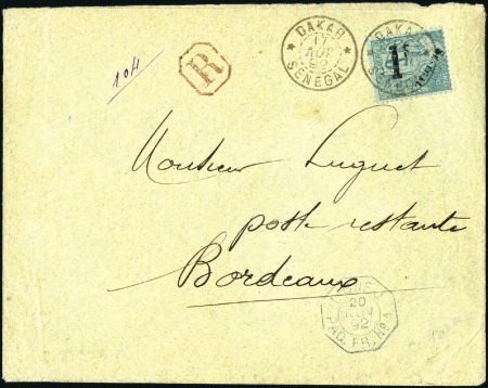 Stamp of Colonies françaises » Sénégal 1892 Env. recommandé de Dakar pour Bordeaux avec 5