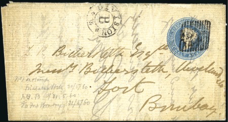 Stamp of India CACHETS: 1860 1/2a Postal stationery entire to Bom