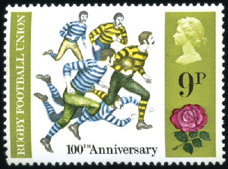 Stamp of Great Britain » Queen Elizabeth II 1971 Rugby 9d mint nh, showing OLIVE-BROWN OMITTED