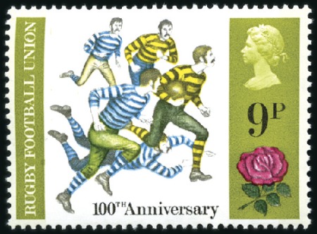 Stamp of Great Britain » Queen Elizabeth II 1971 Rugby 9p mint nh, showing OLIVE-BROWN OMITTED