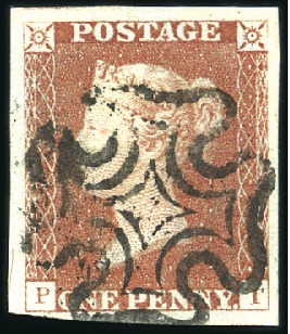 Stamp of Great Britain » 1840 1d Black and 1d Red plates 1a to 11 1841 1d red brown, plate 1b TE, very large even ma