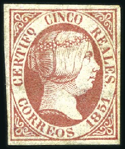 Stamp of Spain 1851 5r rose on thin paper, unused with good margi