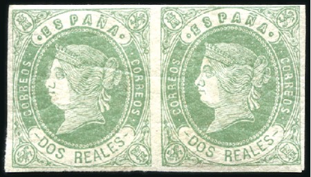 Stamp of Spain 1862 2c blue & 2r green in mint pairs, plus 19c &