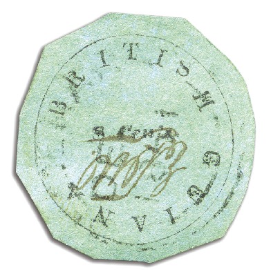 Stamp of British Guiana 1850-51 8 cents black on blue-green, Townsend Type