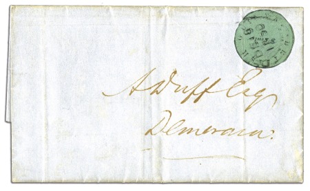 Stamp of British Guiana 1850-51 8 cents black on blue-green, with initials