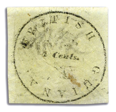 Stamp of British Guiana 1850-51 pelure paper (very thin and transparent, a