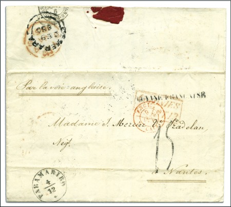 Stamp of British Guiana 1850 cover to France showing markings of all three