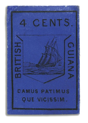 Stamp of British Guiana 1852 Waterlow 4 cents black on deep blue, exceptio