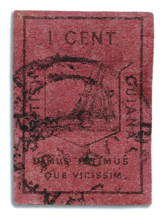 Stamp of British Guiana 1852 Waterlow 1 cent black on magenta, with good m