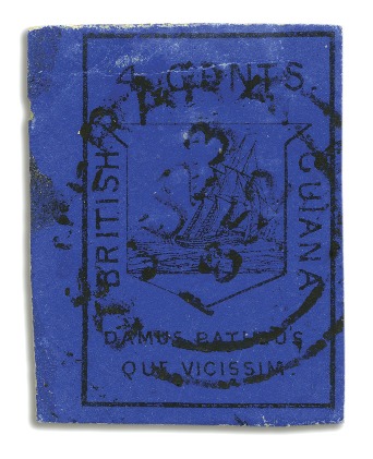 Stamp of British Guiana 1852 Waterlow 4 cent black on deep blue, marginal 