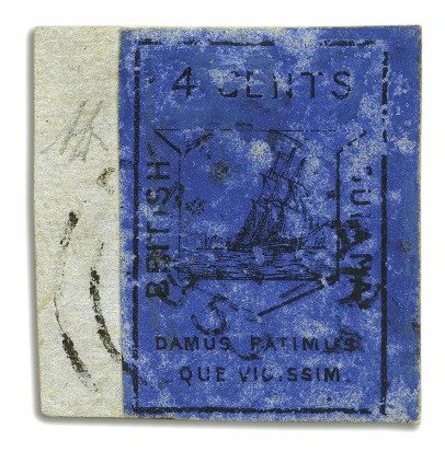 Stamp of British Guiana 1852 Waterlow 4 cent black on deep blue, margins a