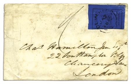 Stamp of British Guiana 1852 Waterlow 4 cent black on deep blue, from the 