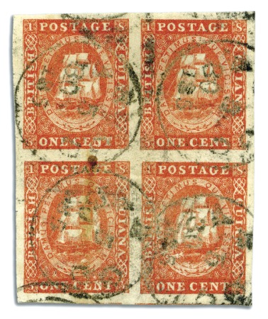 Stamp of British Guiana 1853 Waterlow lithographed 1 cent vermilion, excep