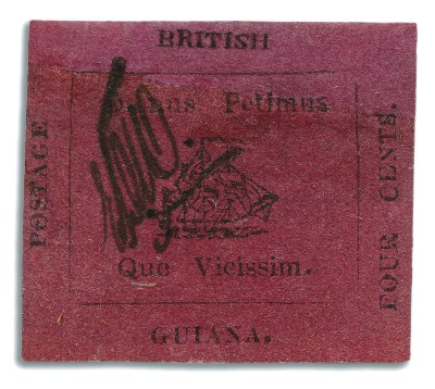 Stamp of British Guiana 1856 Provisional 4 cents black on magenta, initial