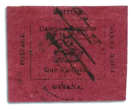 Stamp of British Guiana 1856 Provisional 4 cents black on magenta, initial
