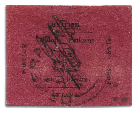 Stamp of British Guiana 1856 Provisional 4 cents black on magenta, initial